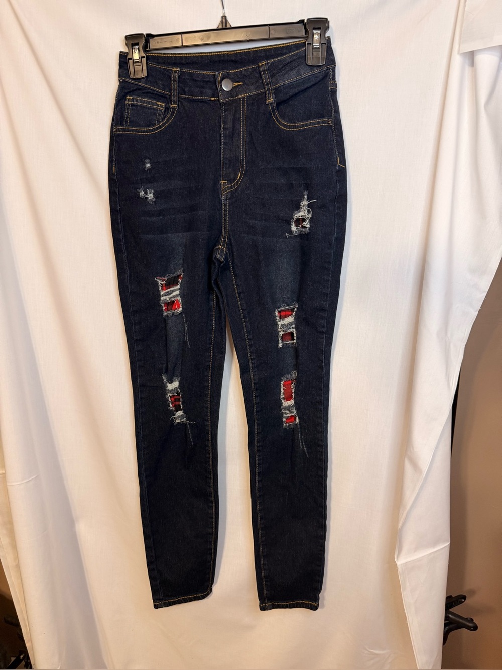 Size Small/xsmall Dark Wash Denim Jeans with Contrast Orange Topstitching